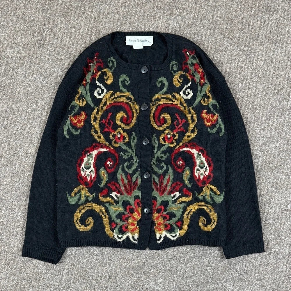 Vintage 90s Black Cardigan Sweater Women’s S Colorful Paisley Pattern Grannycore